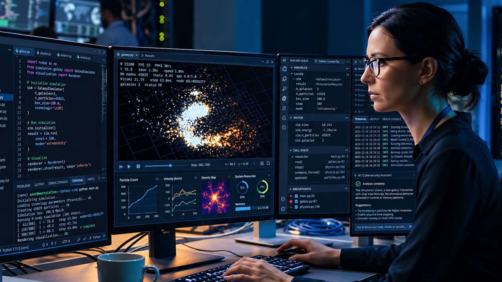 A developer at three monitors with a code editor, a simulation preview and an AI assistant panel.
